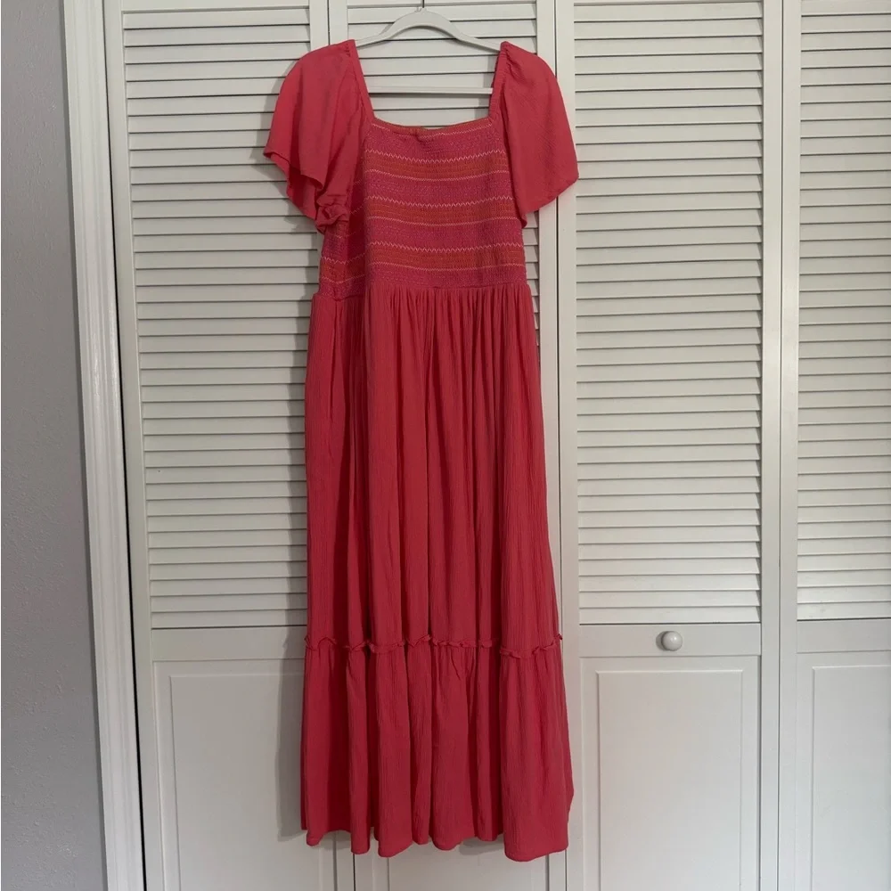 Lane Bryant Pink Smocked Tiered Maxi Dress Sz 14/16 - Picture 4 of 4